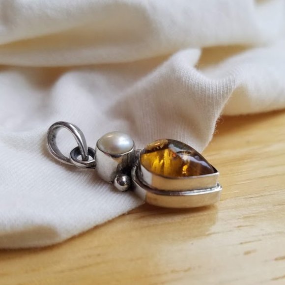 Amber Pearl Sterling Silver Pendant Fossil Tree Heal Forest Ocean Gift Holiday - Picture 7 of 7